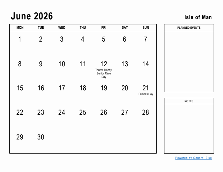 June 2026 Printable Monthly Calendar with Isle of Man Holidays