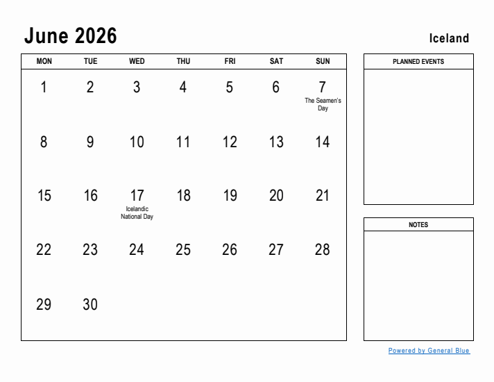 June 2026 Printable Monthly Calendar with Iceland Holidays