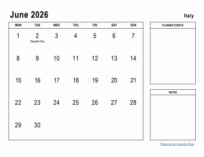 June 2026 Printable Monthly Calendar with Italy Holidays