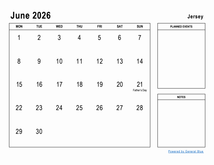 June 2026 Printable Monthly Calendar with Jersey Holidays