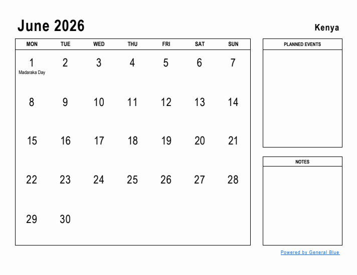 June 2026 Printable Monthly Calendar with Kenya Holidays