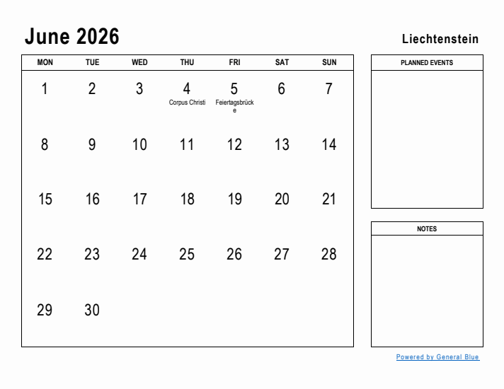 June 2026 Printable Monthly Calendar with Liechtenstein Holidays