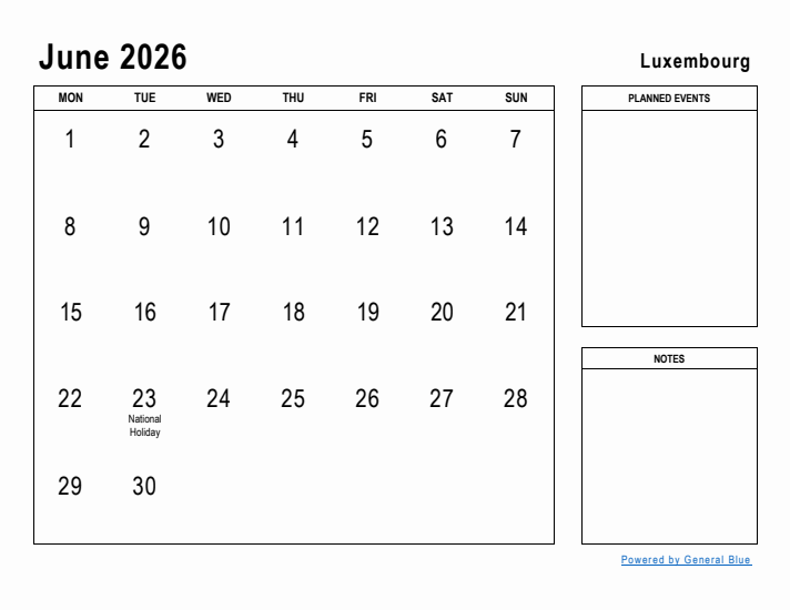 June 2026 Printable Monthly Calendar with Luxembourg Holidays