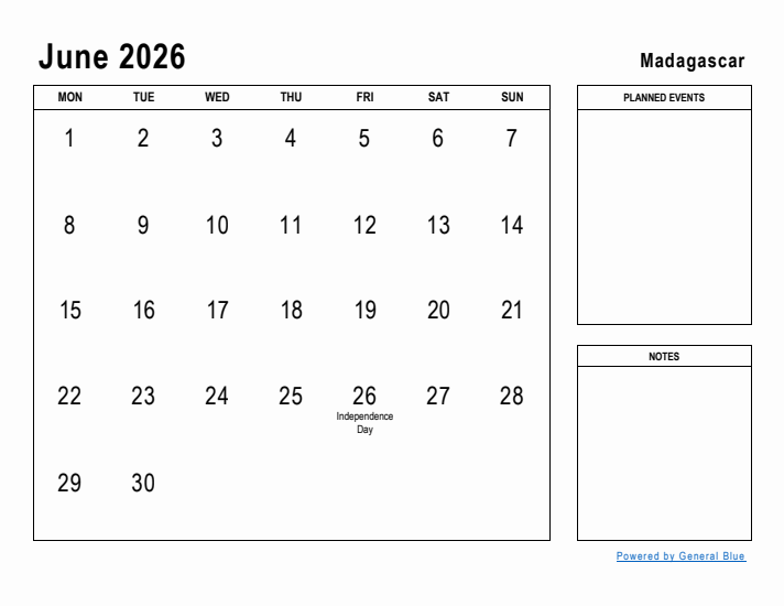 June 2026 Printable Monthly Calendar with Madagascar Holidays