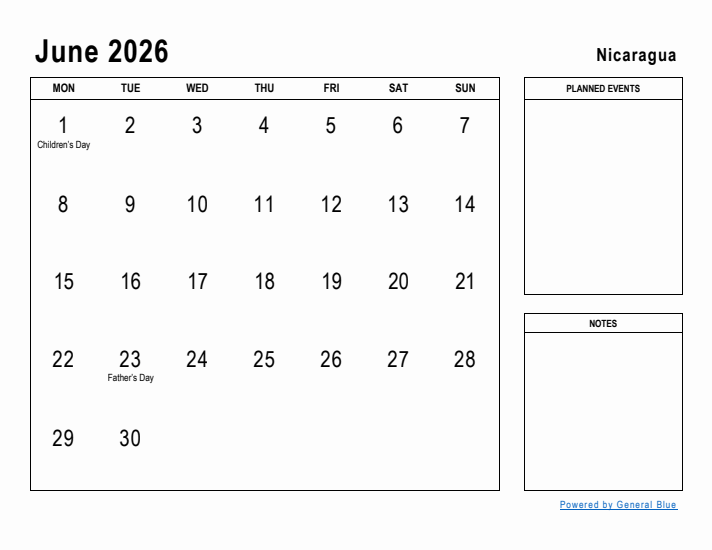 June 2026 Printable Monthly Calendar with Nicaragua Holidays