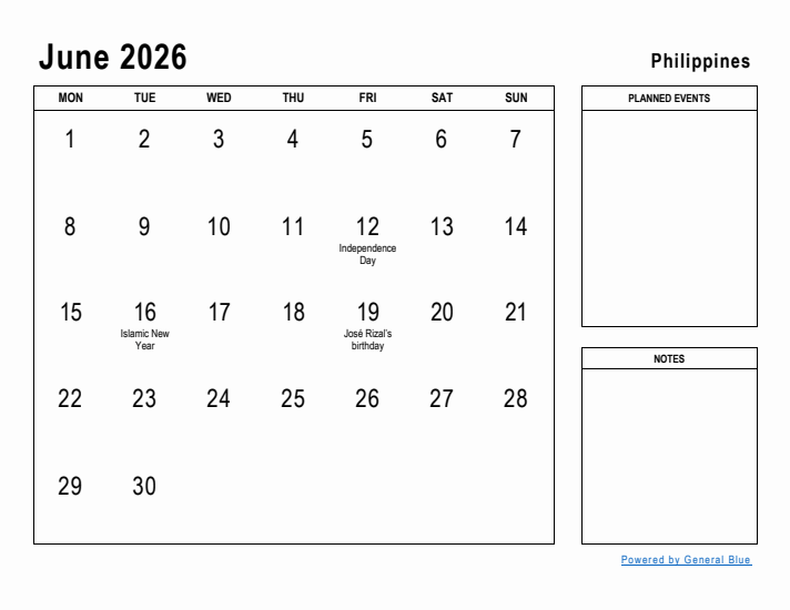 June 2026 Printable Monthly Calendar with Philippines Holidays