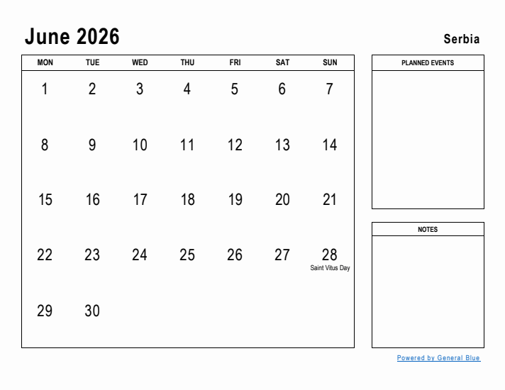 June 2026 Printable Monthly Calendar with Serbia Holidays