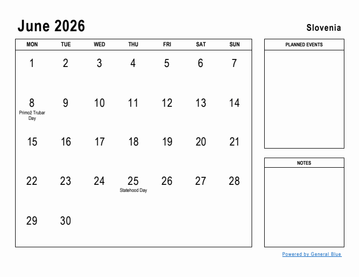 June 2026 Printable Monthly Calendar with Slovenia Holidays