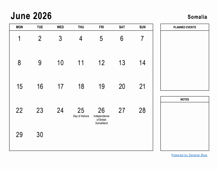 June 2026 Printable Monthly Calendar with Somalia Holidays