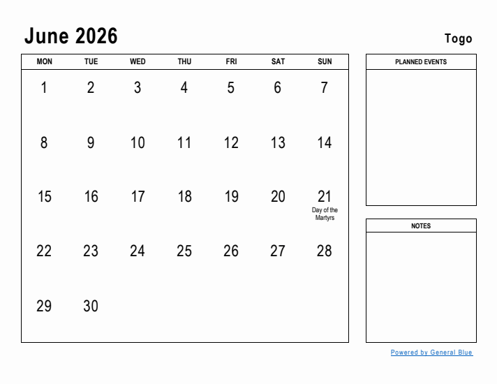 June 2026 Printable Monthly Calendar with Togo Holidays