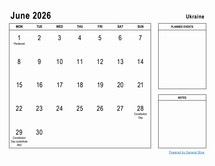 June 2026 Printable Monthly Calendar with Ukraine Holidays