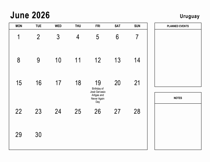 June 2026 Printable Monthly Calendar with Uruguay Holidays