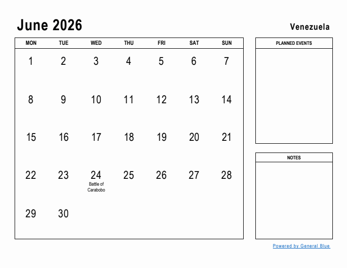 June 2026 Printable Monthly Calendar with Venezuela Holidays