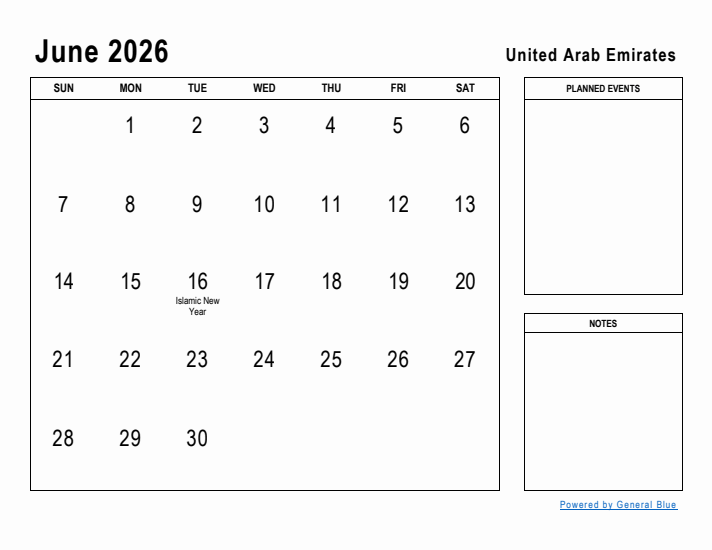 June 2026 Printable Monthly Calendar with United Arab Emirates Holidays