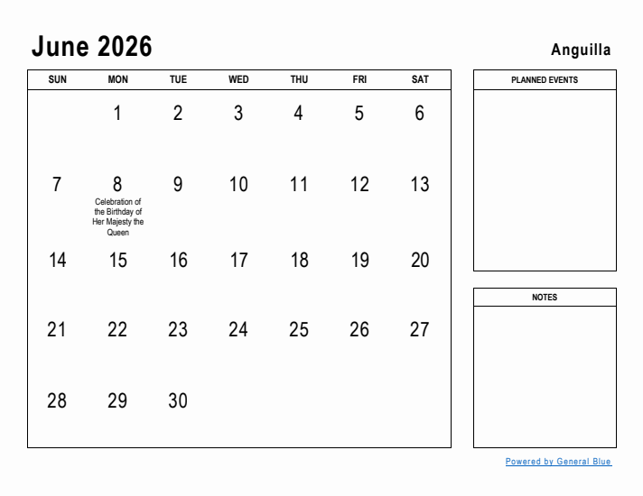 June 2026 Printable Monthly Calendar with Anguilla Holidays