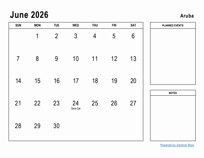 June 2026 Printable Monthly Calendar with Aruba Holidays