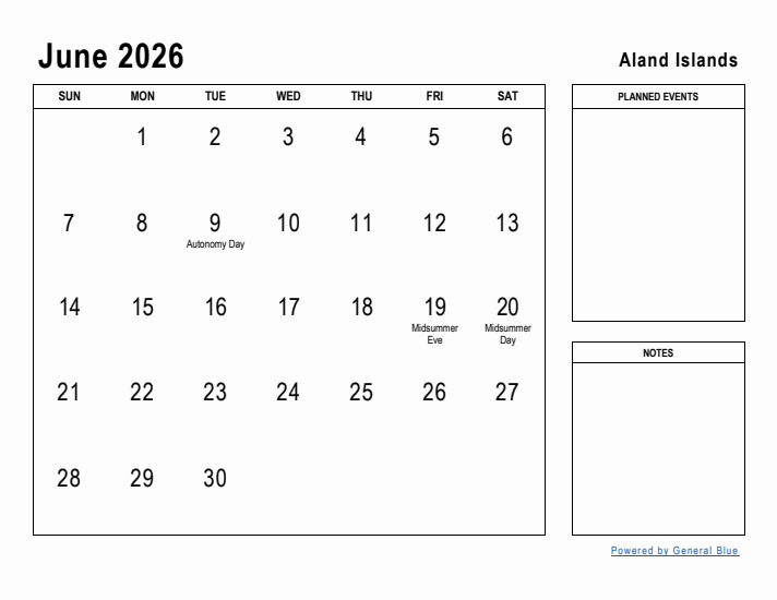 June 2026 Printable Monthly Calendar with Aland Islands Holidays