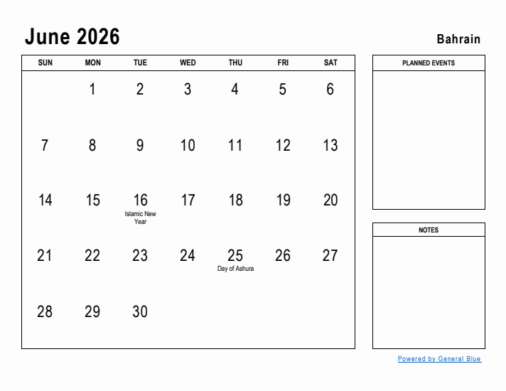 June 2026 Printable Monthly Calendar with Bahrain Holidays