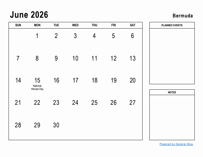 June 2026 Printable Monthly Calendar with Bermuda Holidays