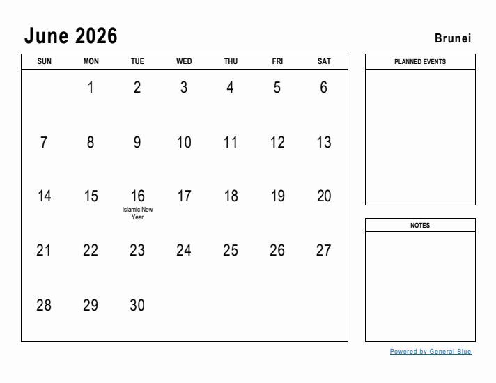 June 2026 Printable Monthly Calendar with Brunei Holidays