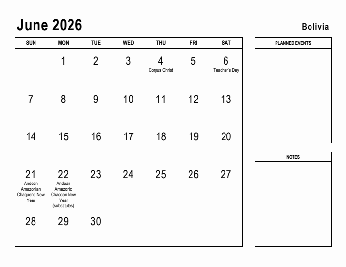 June 2026 Printable Monthly Calendar with Bolivia Holidays