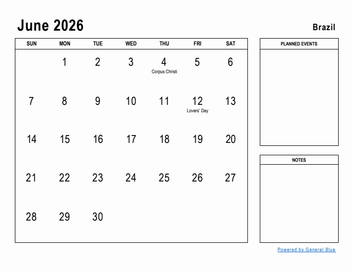 June 2026 Printable Monthly Calendar with Brazil Holidays