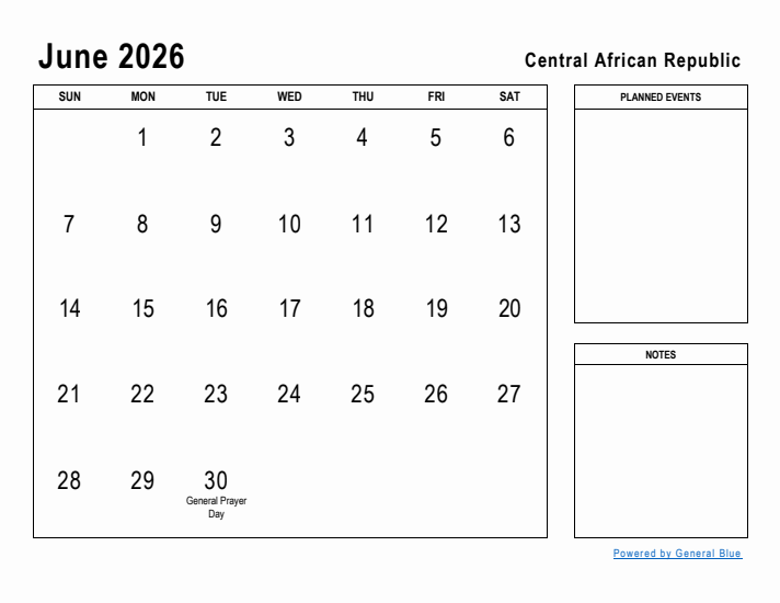 June 2026 Printable Monthly Calendar with Central African Republic Holidays