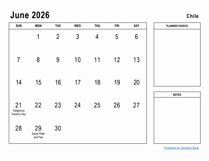 June 2026 Printable Monthly Calendar with Chile Holidays