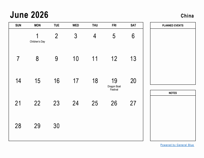 June 2026 Printable Monthly Calendar with China Holidays