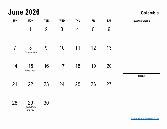 June 2026 Printable Monthly Calendar with Colombia Holidays