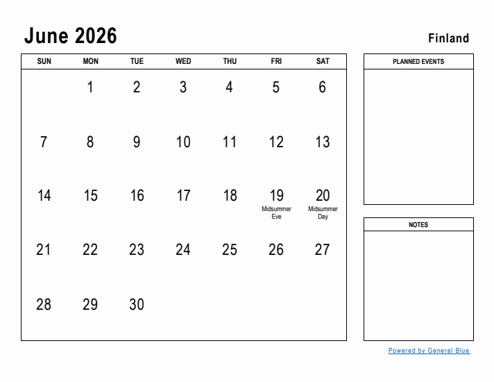 June 2026 Printable Monthly Calendar with Finland Holidays