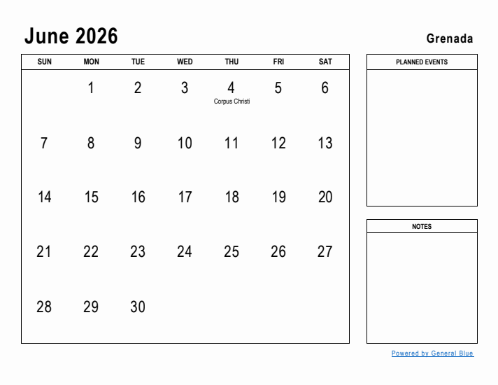 June 2026 Printable Monthly Calendar with Grenada Holidays