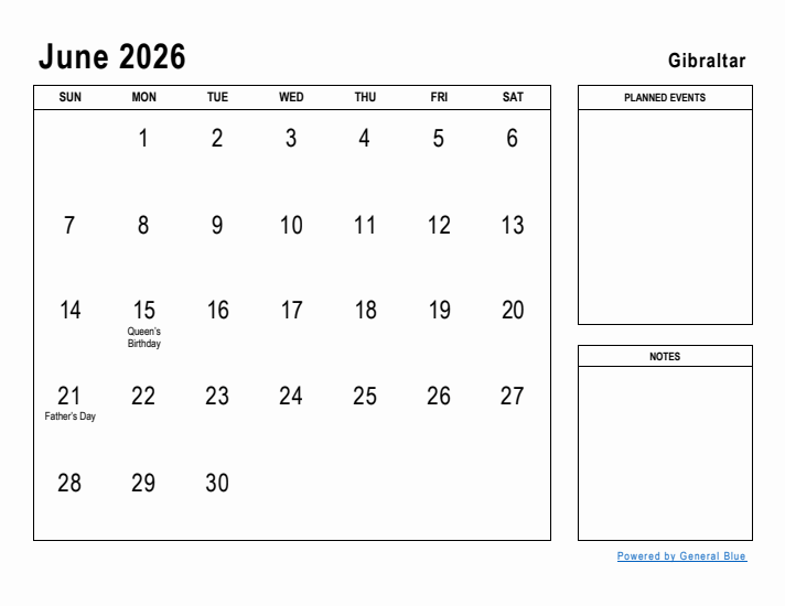 June 2026 Printable Monthly Calendar with Gibraltar Holidays