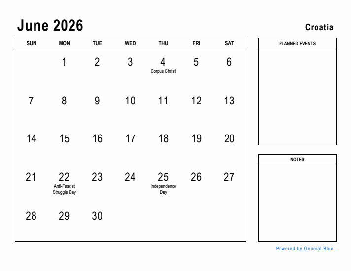 June 2026 Printable Monthly Calendar with Croatia Holidays