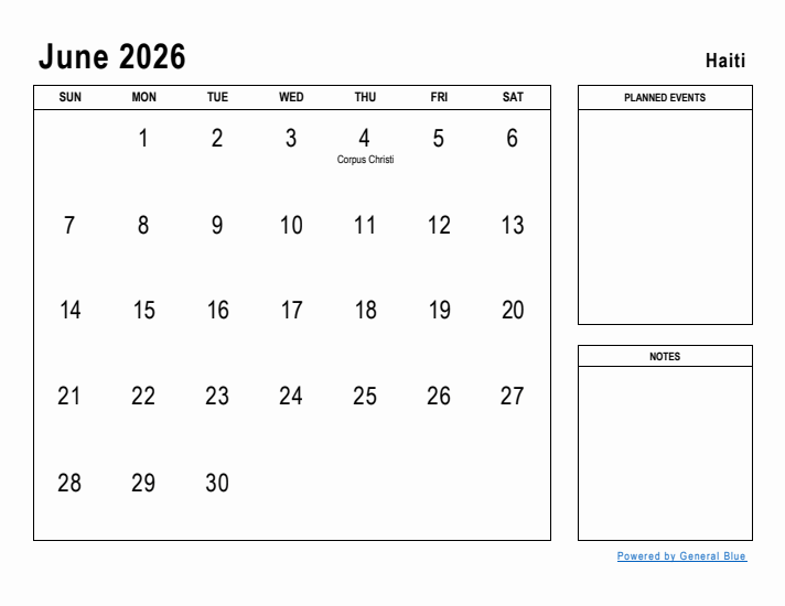 June 2026 Printable Monthly Calendar with Haiti Holidays