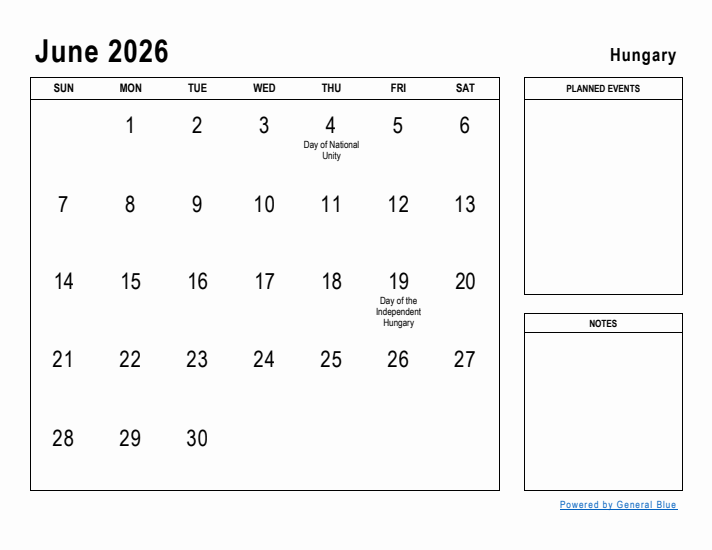 June 2026 Printable Monthly Calendar with Hungary Holidays