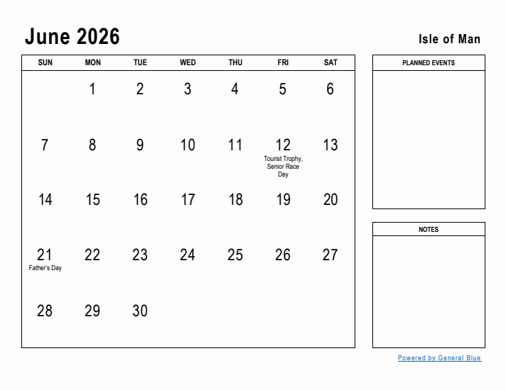 June 2026 Printable Monthly Calendar with Isle of Man Holidays