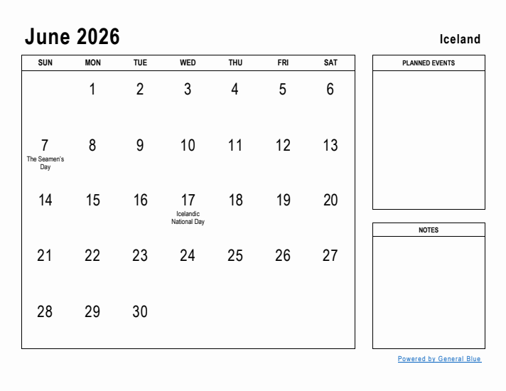 June 2026 Printable Monthly Calendar with Iceland Holidays