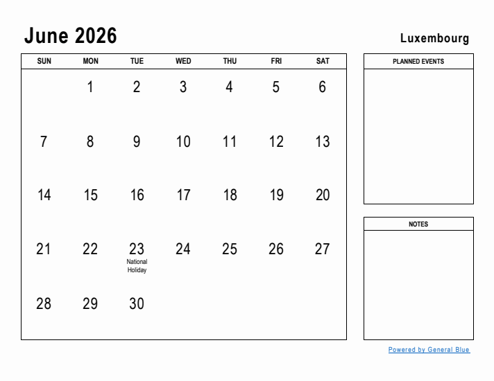 June 2026 Printable Monthly Calendar with Luxembourg Holidays