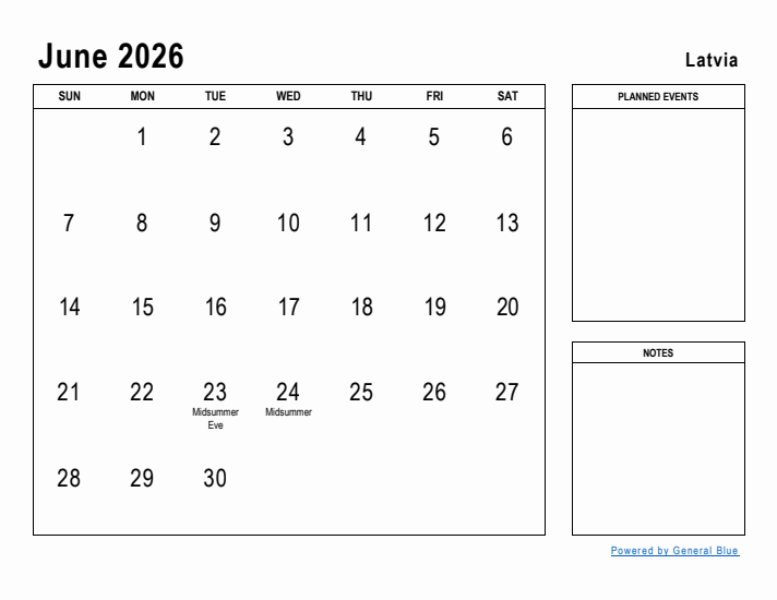 June 2026 Printable Monthly Calendar with Latvia Holidays