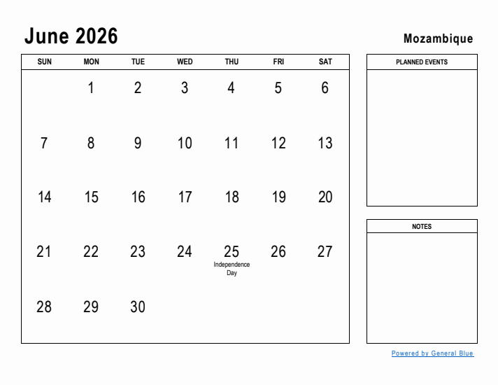 June 2026 Printable Monthly Calendar with Mozambique Holidays