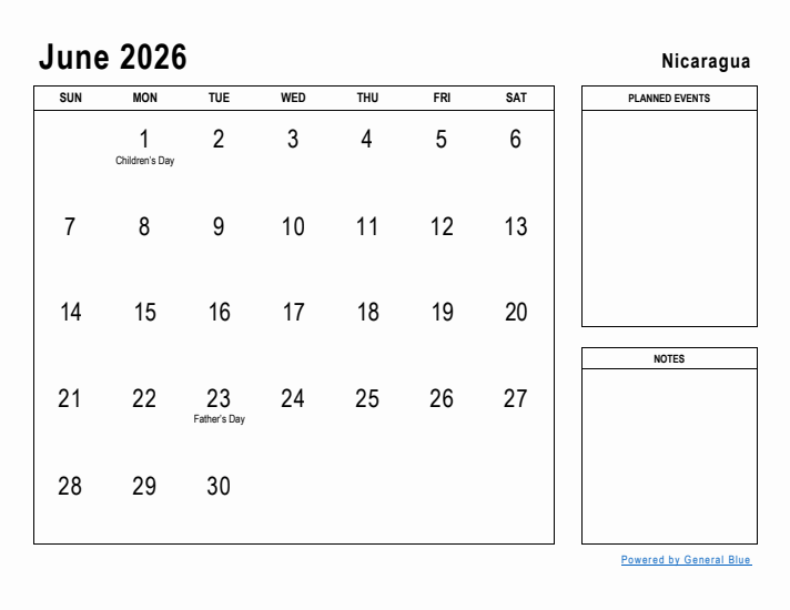 June 2026 Printable Monthly Calendar with Nicaragua Holidays