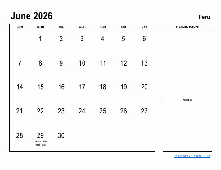 June 2026 Printable Monthly Calendar with Peru Holidays