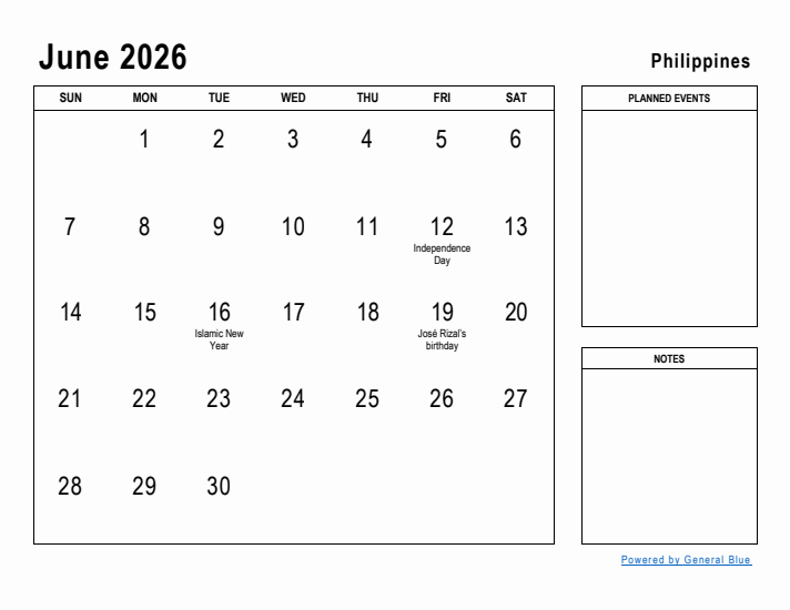 June 2026 Printable Monthly Calendar with Philippines Holidays