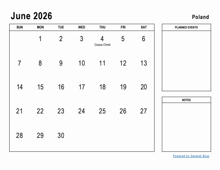 June 2026 Printable Monthly Calendar with Poland Holidays