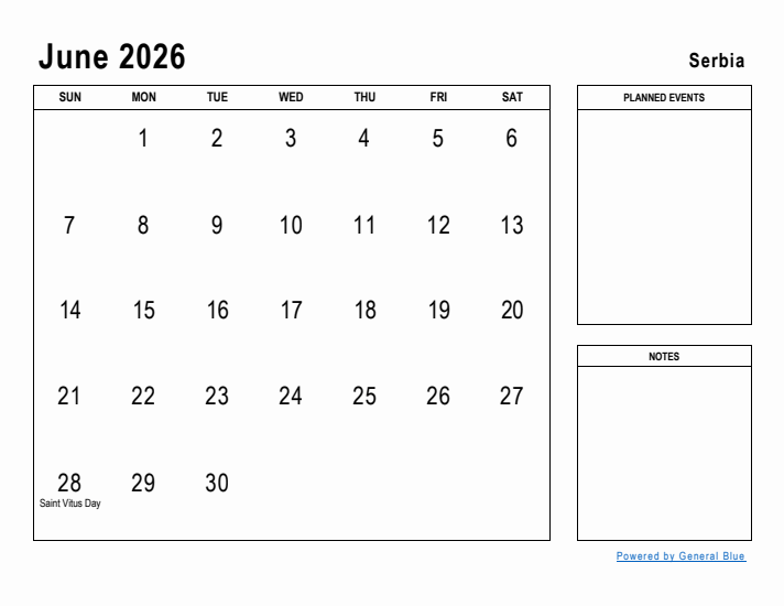 June 2026 Printable Monthly Calendar with Serbia Holidays