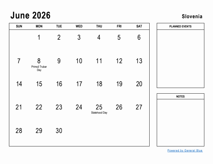 June 2026 Printable Monthly Calendar with Slovenia Holidays