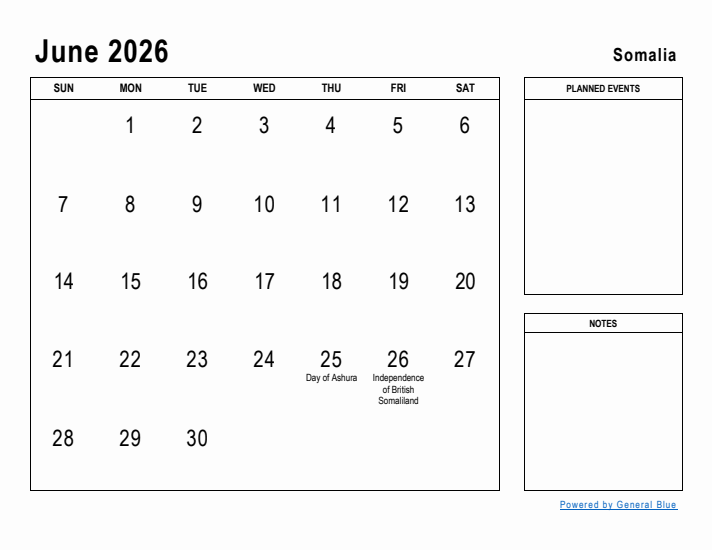 June 2026 Printable Monthly Calendar with Somalia Holidays