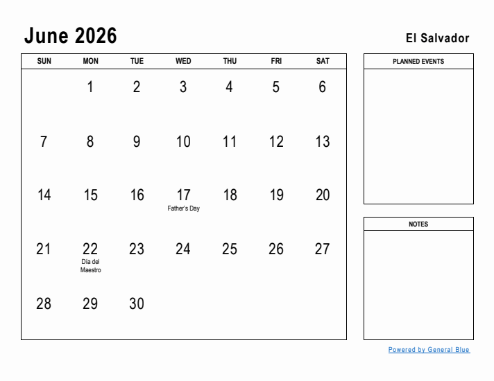 June 2026 Printable Monthly Calendar with El Salvador Holidays