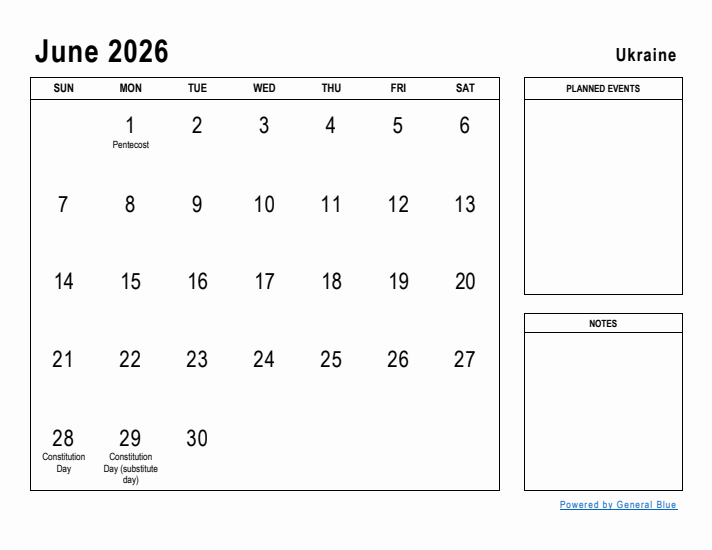 June 2026 Printable Monthly Calendar with Ukraine Holidays